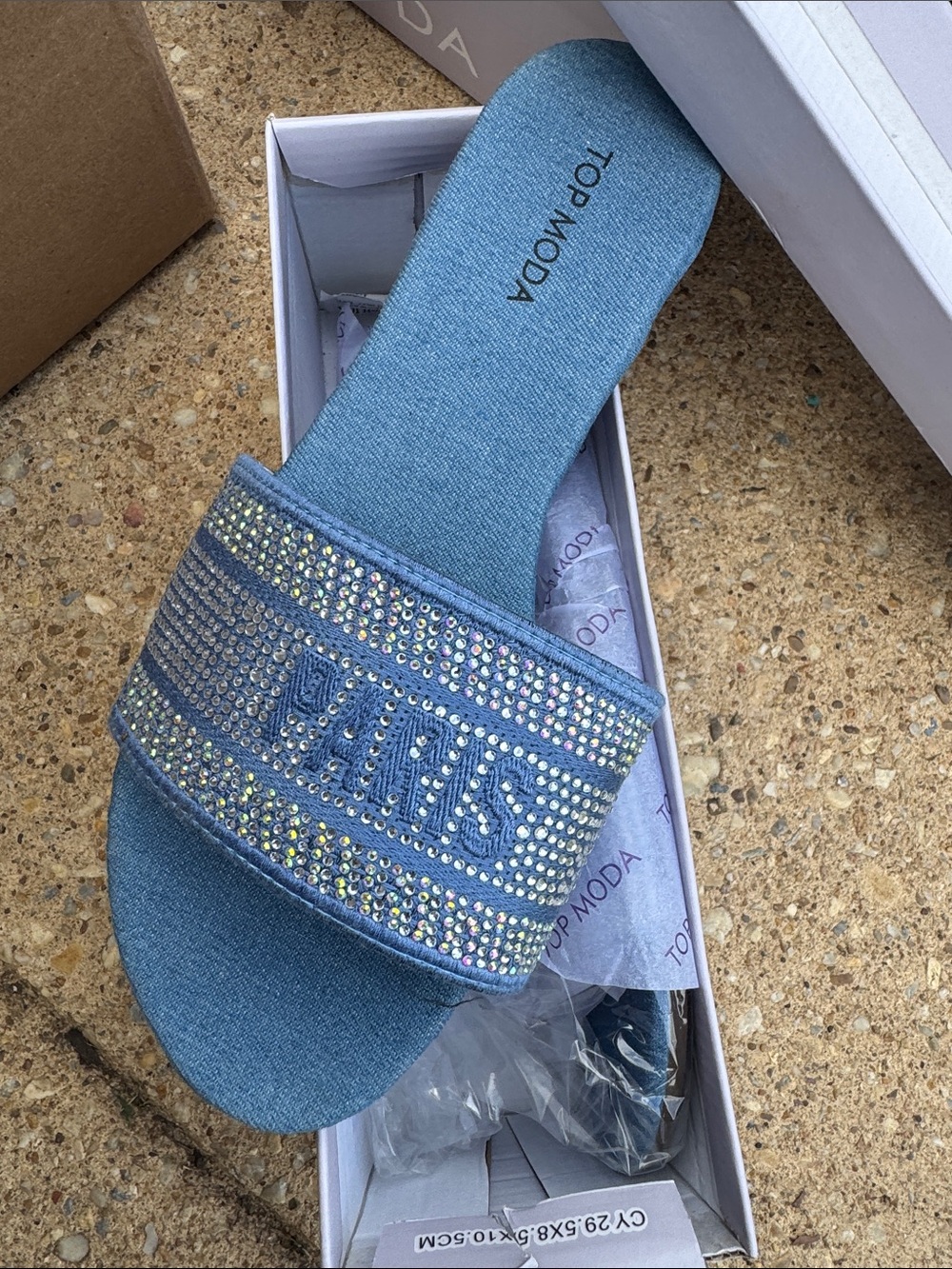 TOP Moda Denim Blue JEANS Crystal Slide Sandal